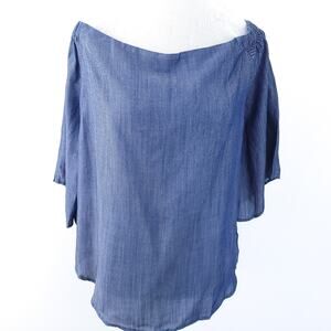 NEW Colleen Lopez Off Shoulder Chambray Shirt Large Women, 3/4 Split Sleeves